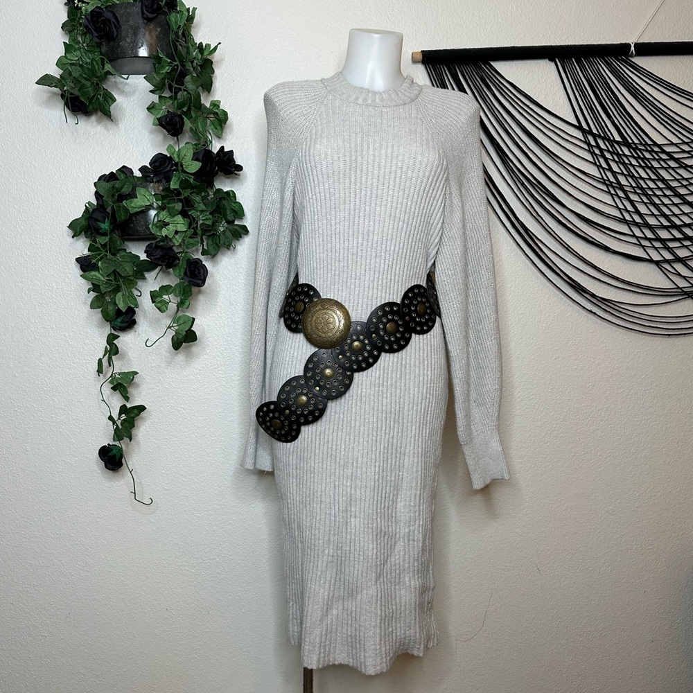 Gray Ribbed Knit Dress with Black Belt